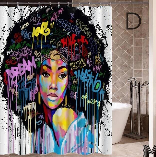 Art Design Graffiti Art Hip Hop African Girl with Black Hair Big Earring with Modern Building Shower Curtain for Bathroom Decor - Mystic Machine Art