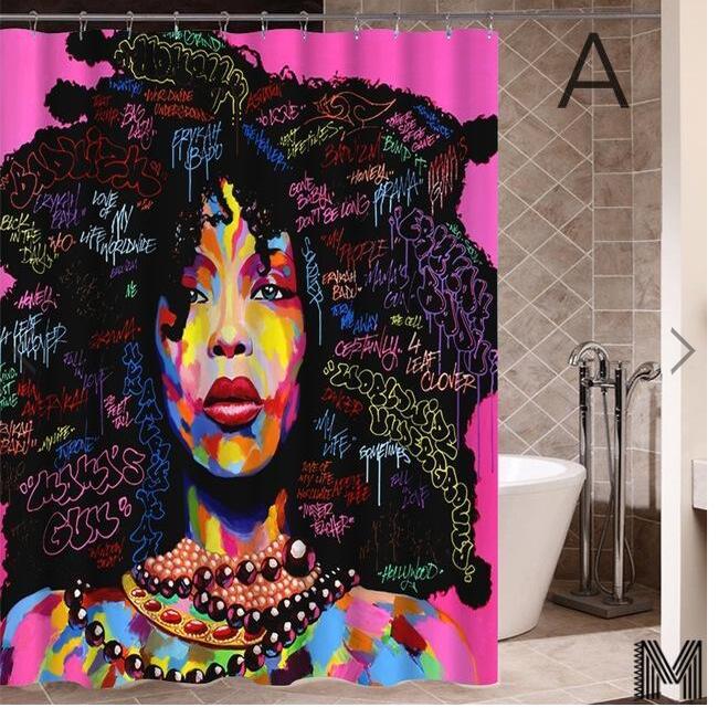 Art Design Graffiti Art Hip Hop African Girl with Black Hair Big Earring with Modern Building Shower Curtain for Bathroom Decor - Mystic Machine Art
