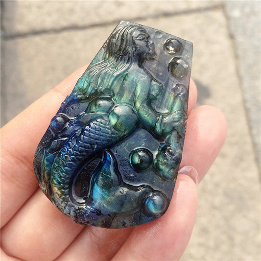 Crystal Mermaid Labradorite Rough Stone Carving - Mystic Machine Art