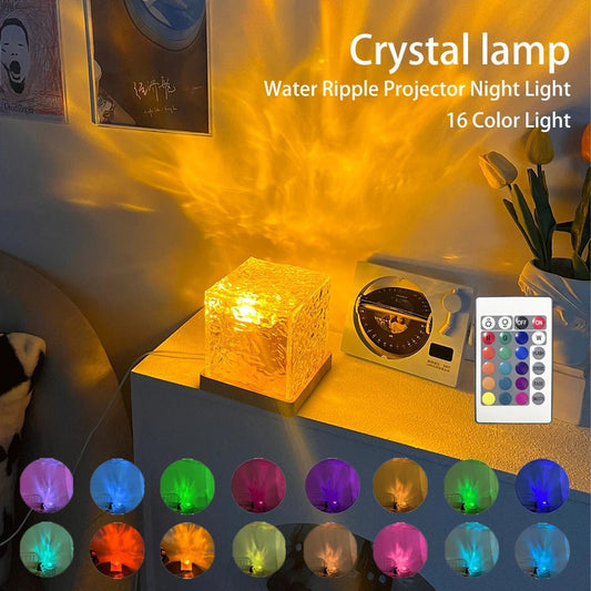 LED Water Ripple Ambient Night Light - USB Rotating Projection Crystal Table Lamp - RGB Dimmable Home Decoration 16 Color Gifts - Mystic Machine Art