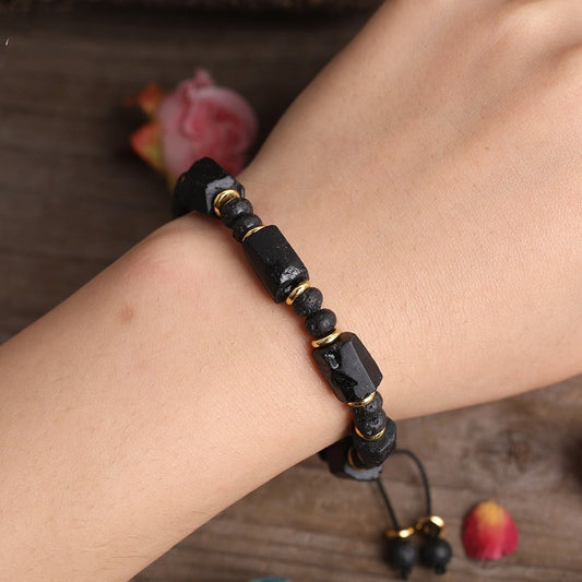 Natural Tourmaline and Lava Stone Roughcut Beaded Bracelet - Mystic Machine Art