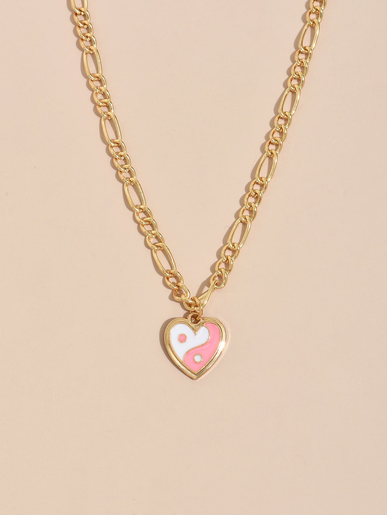 White and Pink Yin Yang Heart Necklace with Gold Chain - Mystic Machine Art