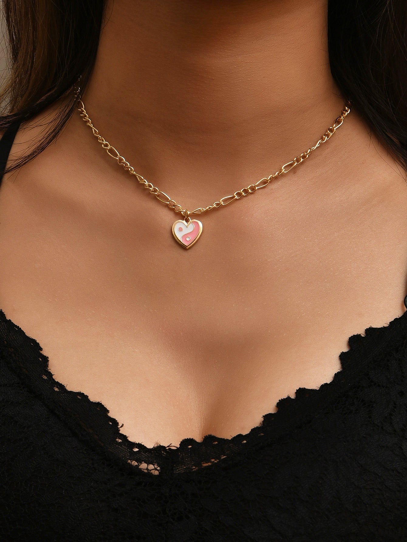 White and Pink Yin Yang Heart Necklace with Gold Chain - Mystic Machine Art