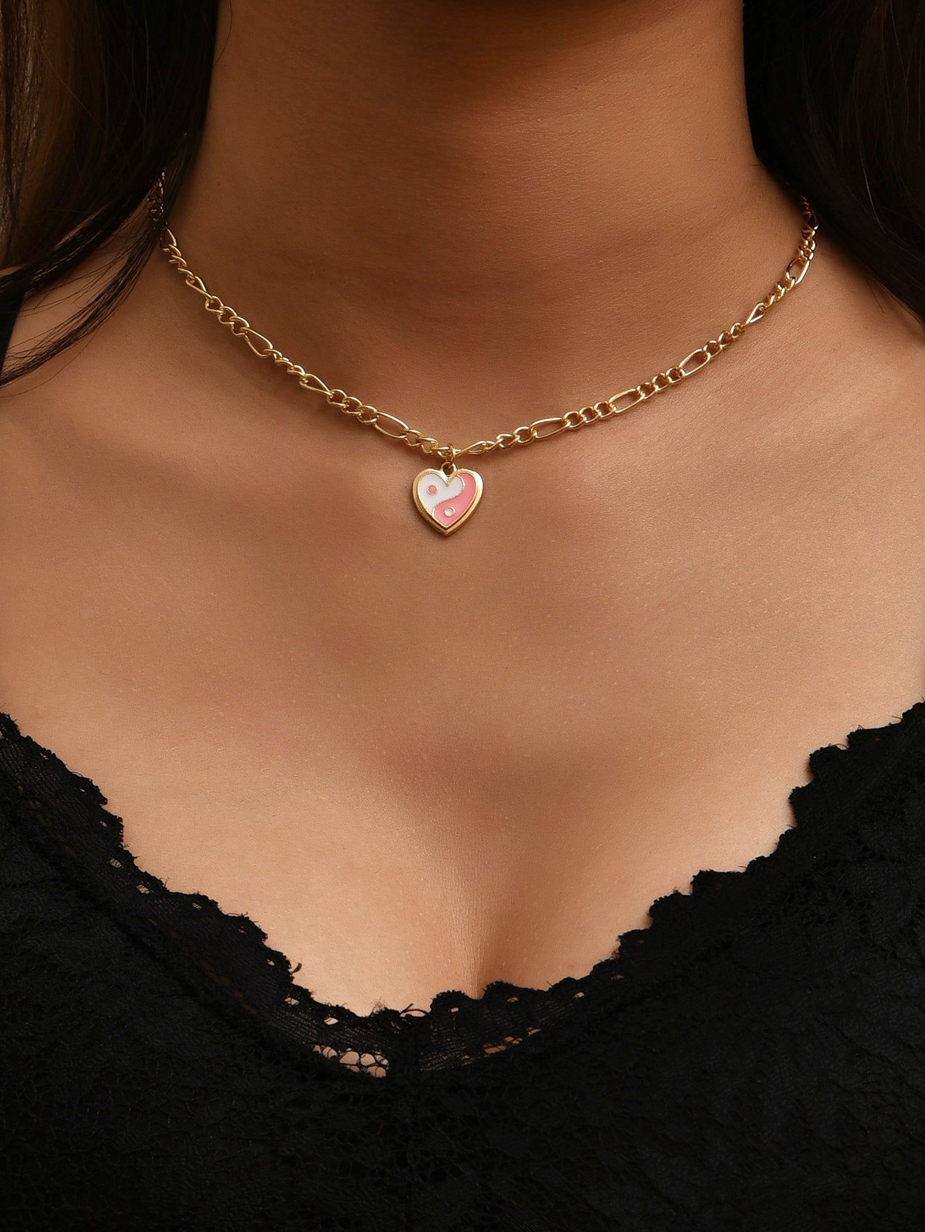 White and Pink Yin Yang Heart Necklace with Gold Chain - Mystic Machine Art